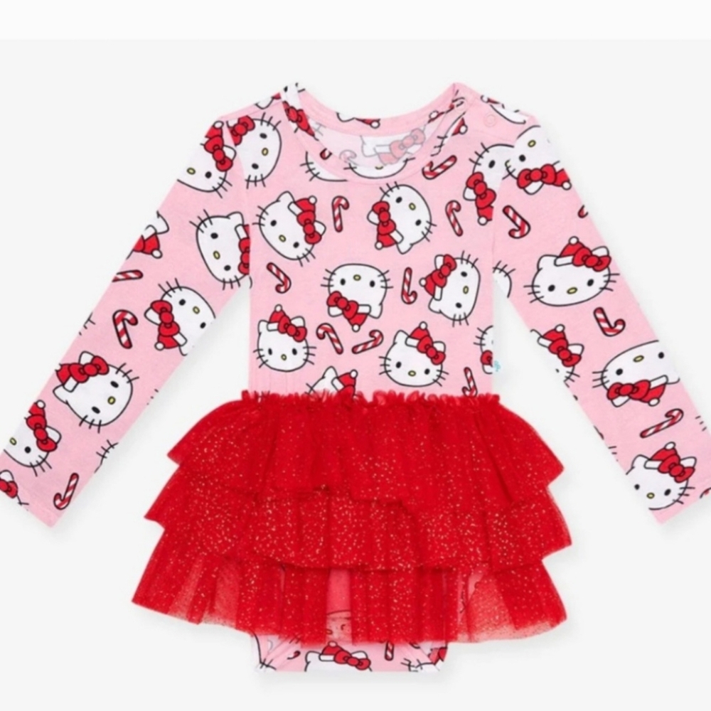 Posh Peanut Hello Kitty Candy Cane Christmas Print Bodysuit Tulle Dress